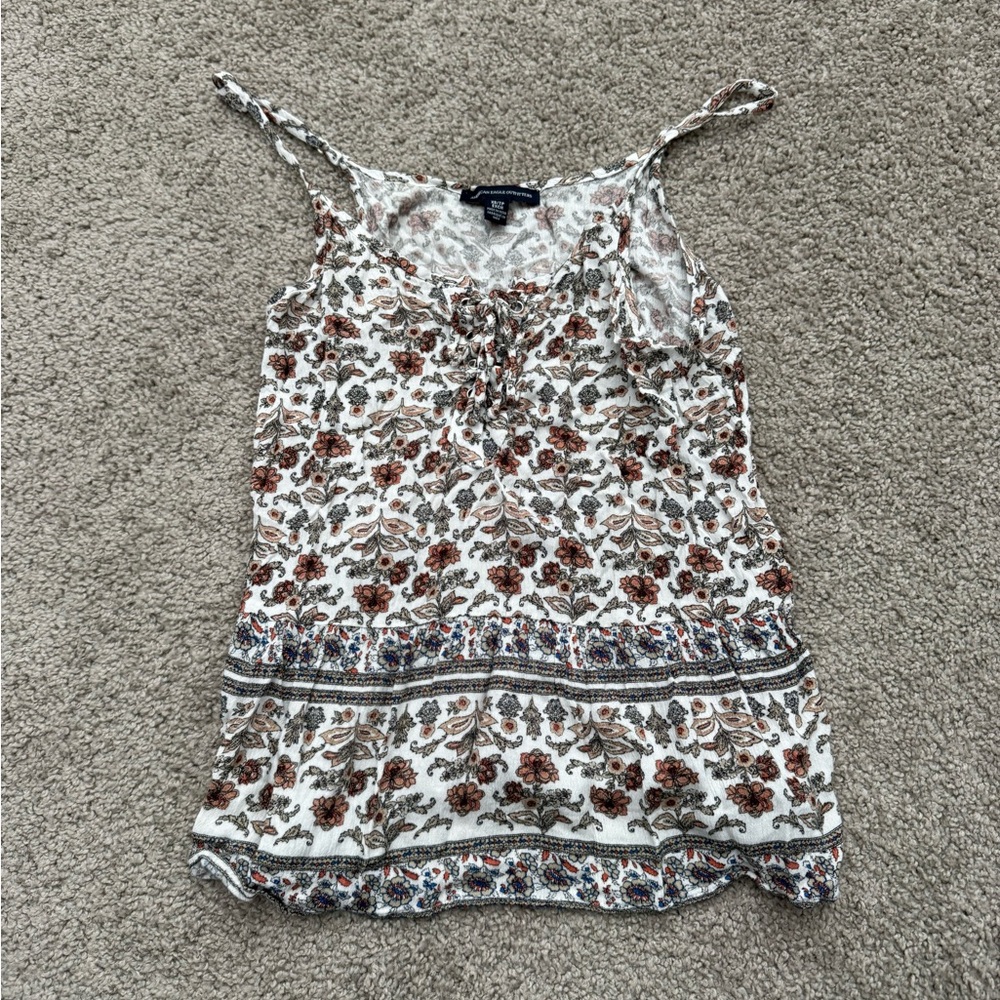 White and Brown Ruched Camisole with Tie Front
